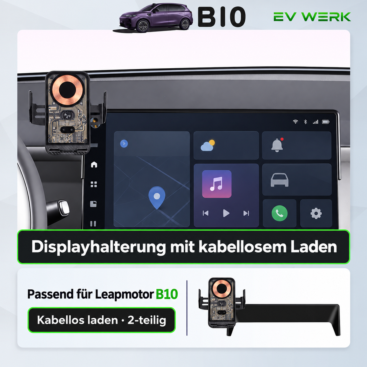 Handyhalterung Leapmotor B10 mit Ladefunktion – Smartphone sicher neben dem Display