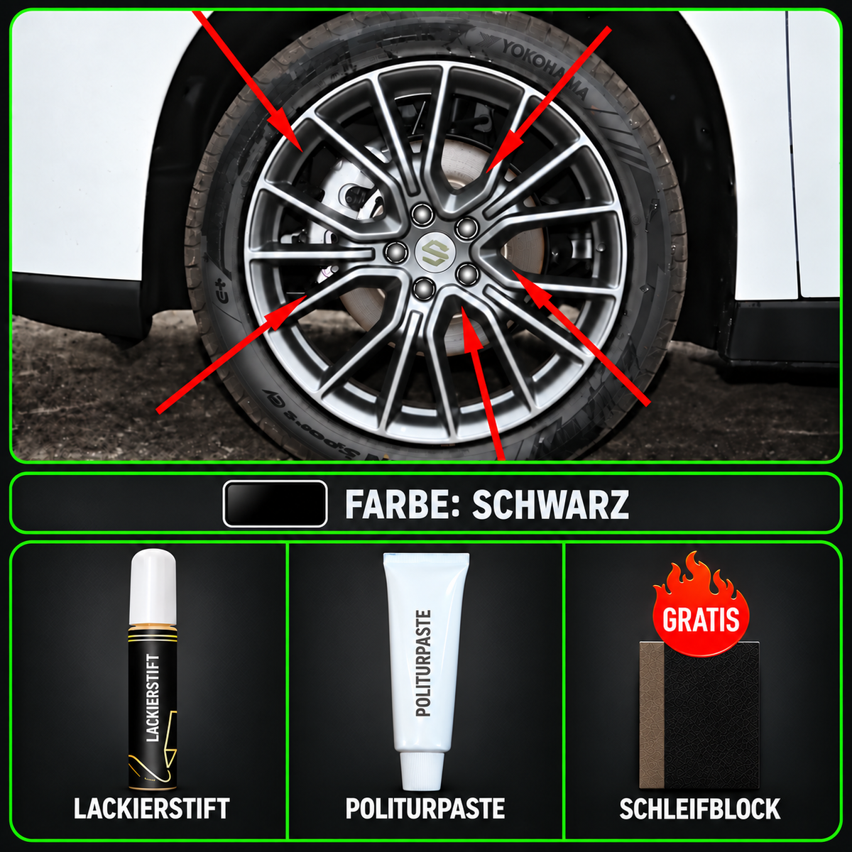 Lackierstift, Politurpaste und Schleifblock im Felgen-Reparaturset für Leapmotor C10