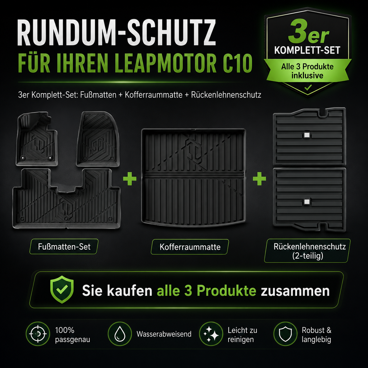 TPE-Komplett-Set mit Kofferraummatte, Fußmatten und Rückenlehnenschutz für Leapmotor C10