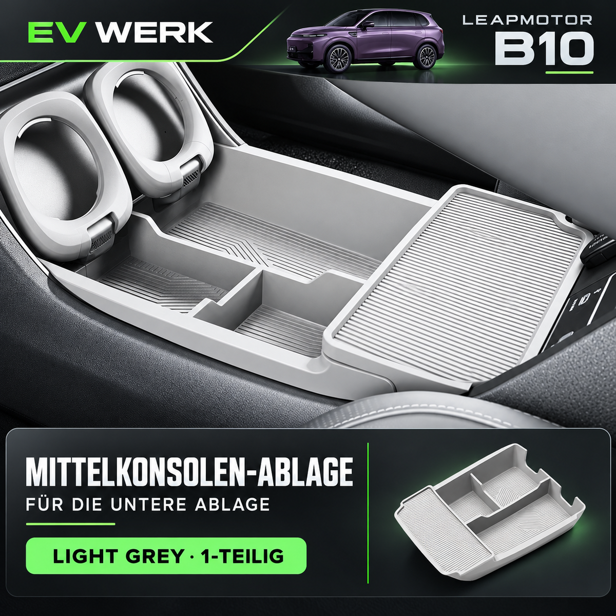 Detailansicht der Light-Grey Einlagen für Ablagebereiche im Innenraum des Leapmotor B10