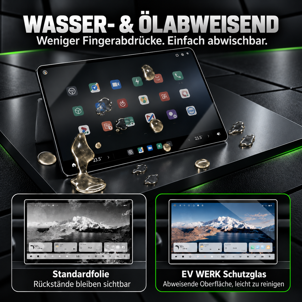 Vergleichsgrafik: EV WERK Displayschutzglas und Standardfolie für das Leapmotor B10 Display