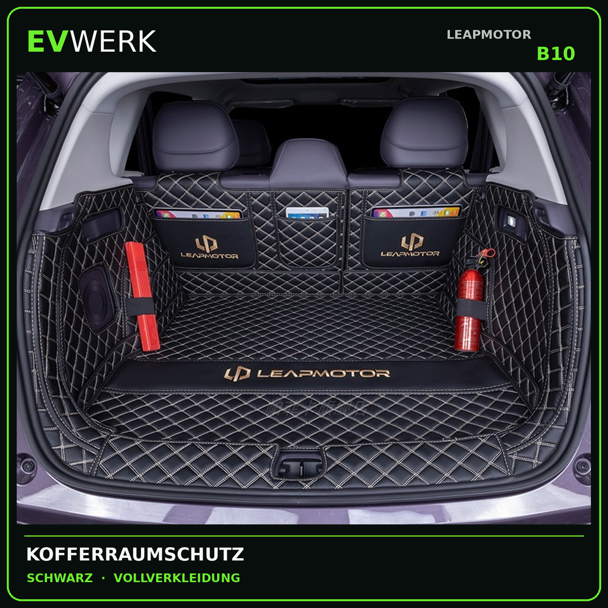 Schwarzer Kofferraumschutz mit Vollabdeckung im Leapmotor B10 – Boden, Seiten und Rückseiten der Sitze in gesteppter Lederoptik