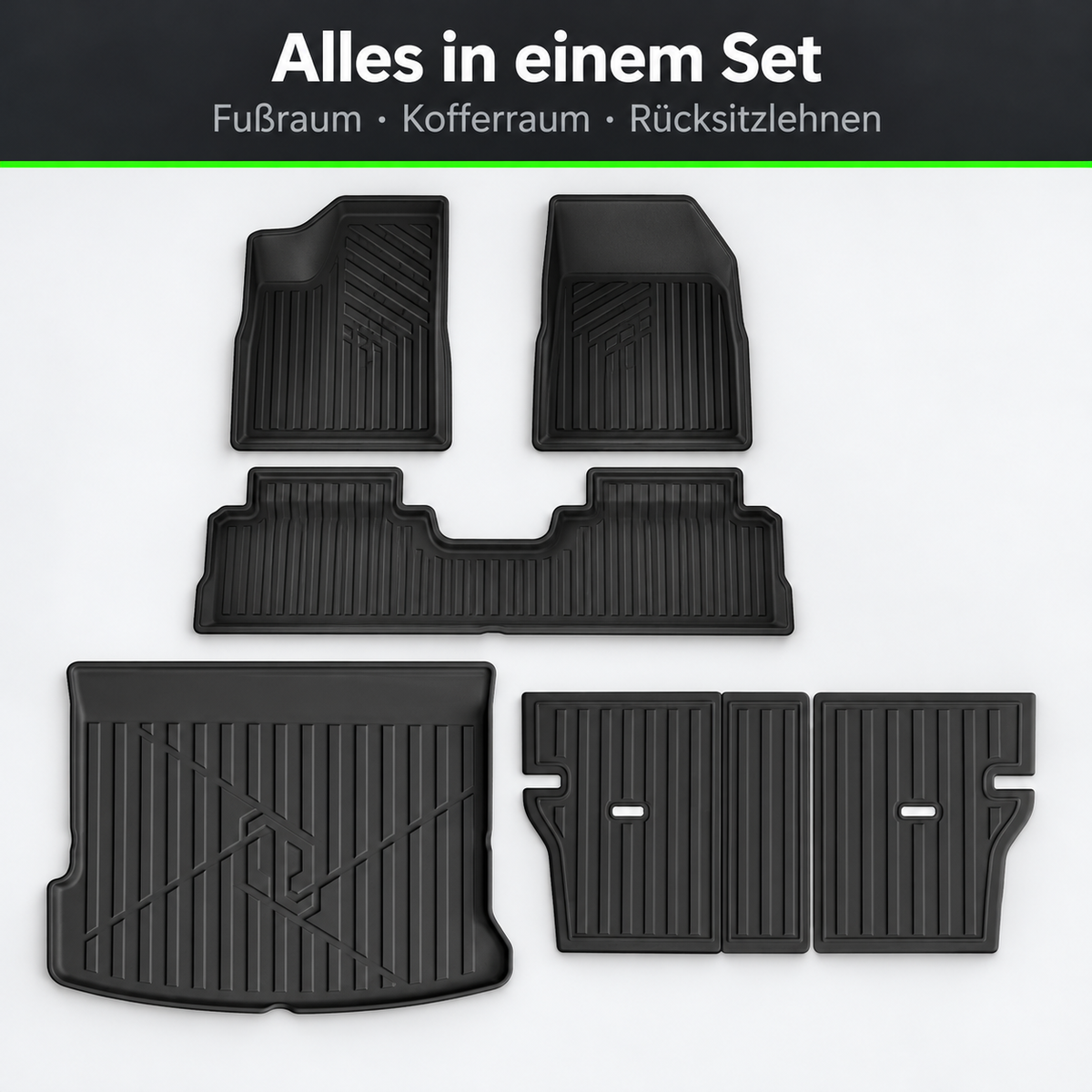 Komplett-Set für den Leapmotor B05 mit schwarzen Fußmatten, Kofferraummatte und Schutzmatten für die Rücksitzlehnen.