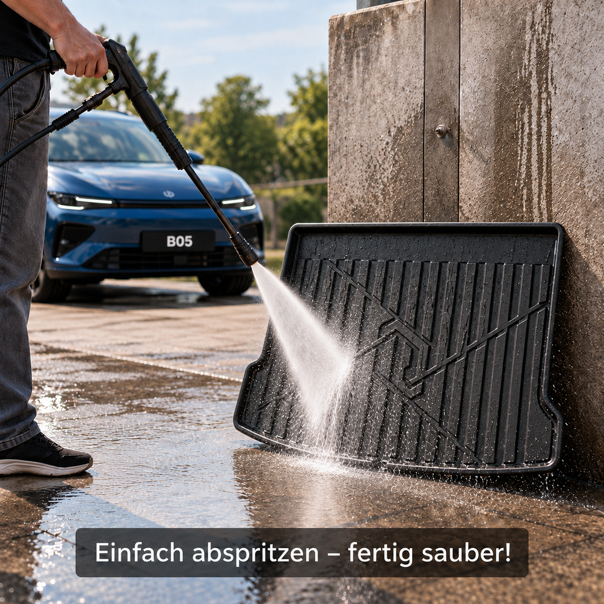 Schwarze B05-Kofferraummatte wird mit einem Wasserstrahl gereinigt; im Hintergrund steht ein blauer Leapmotor B05.