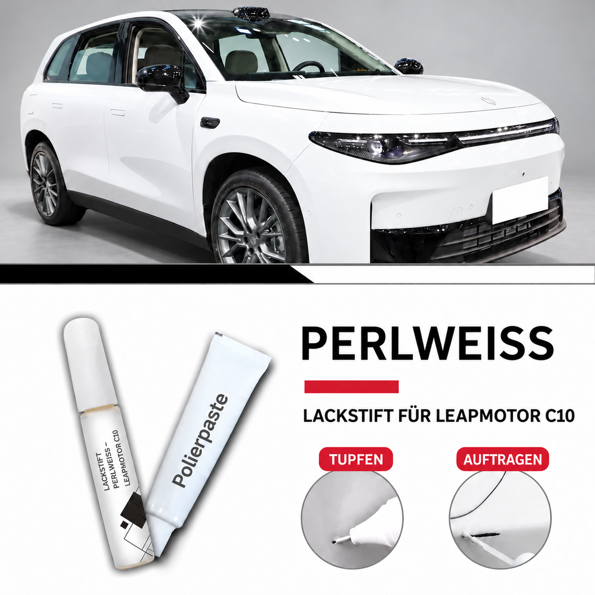 Weißer Leapmotor C10 und Polierpaste für die Fahrzeuglackpflege
