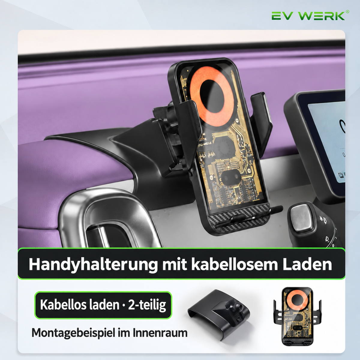 Handyhalterung am Armaturenbrett mit kabelloser Ladefunktion als Montagebeispiel für B05
