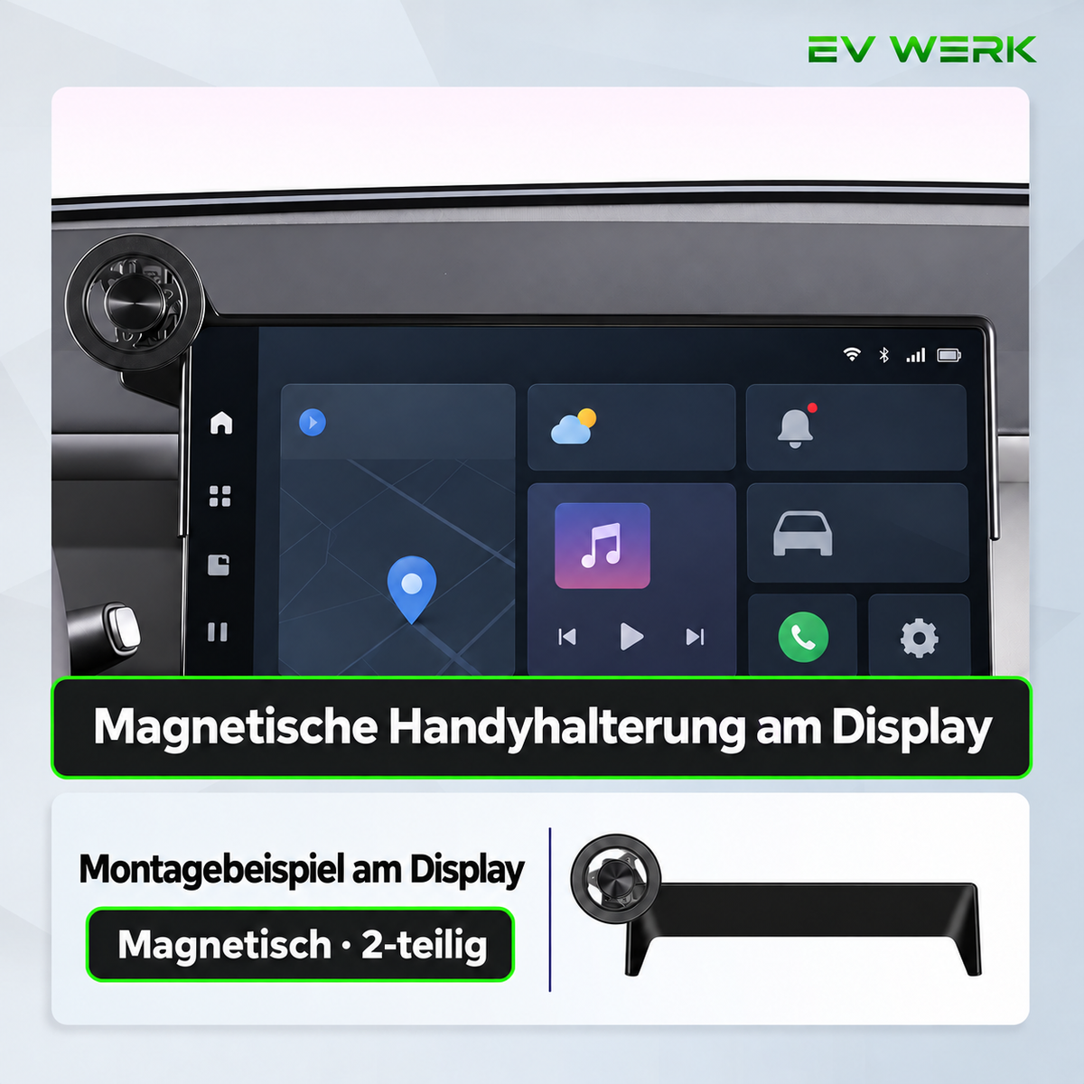 Magnetische Handyhalterung am Fahrzeugdisplay als Montagebeispiel für B05