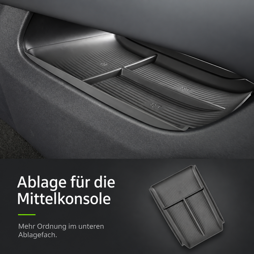Dunkelgraue Ablage mit drei Bereichen im unteren Fach der Mittelkonsole des Leapmotor B05