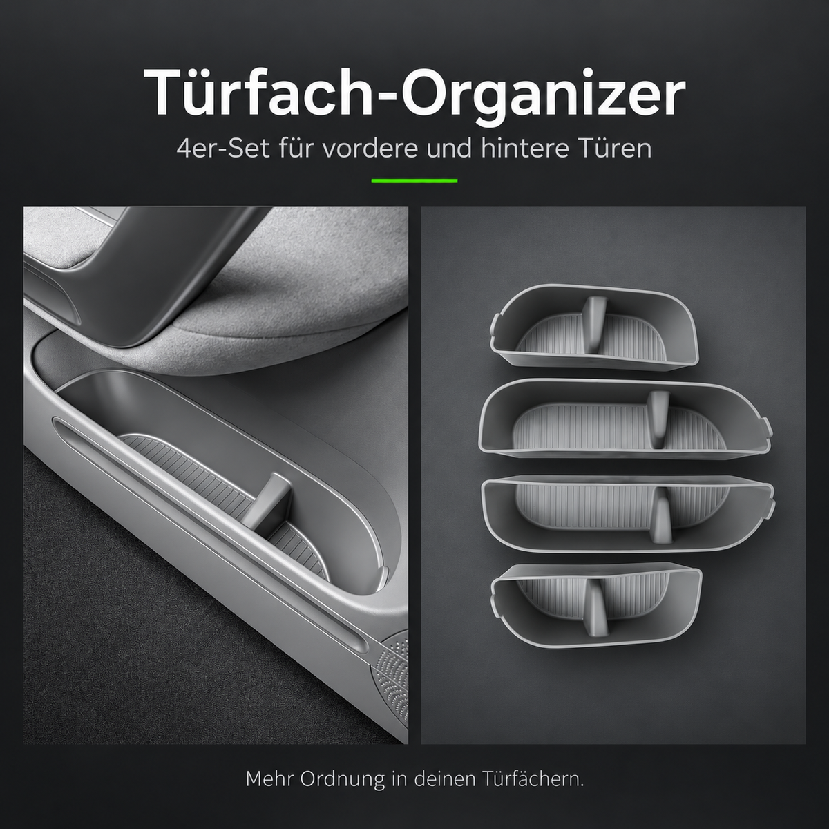 Vier dunkelgraue Türfach-Organizer für die Vorder- und Hintertüren des Leapmotor B05, daneben ein eingesetzter Organizer