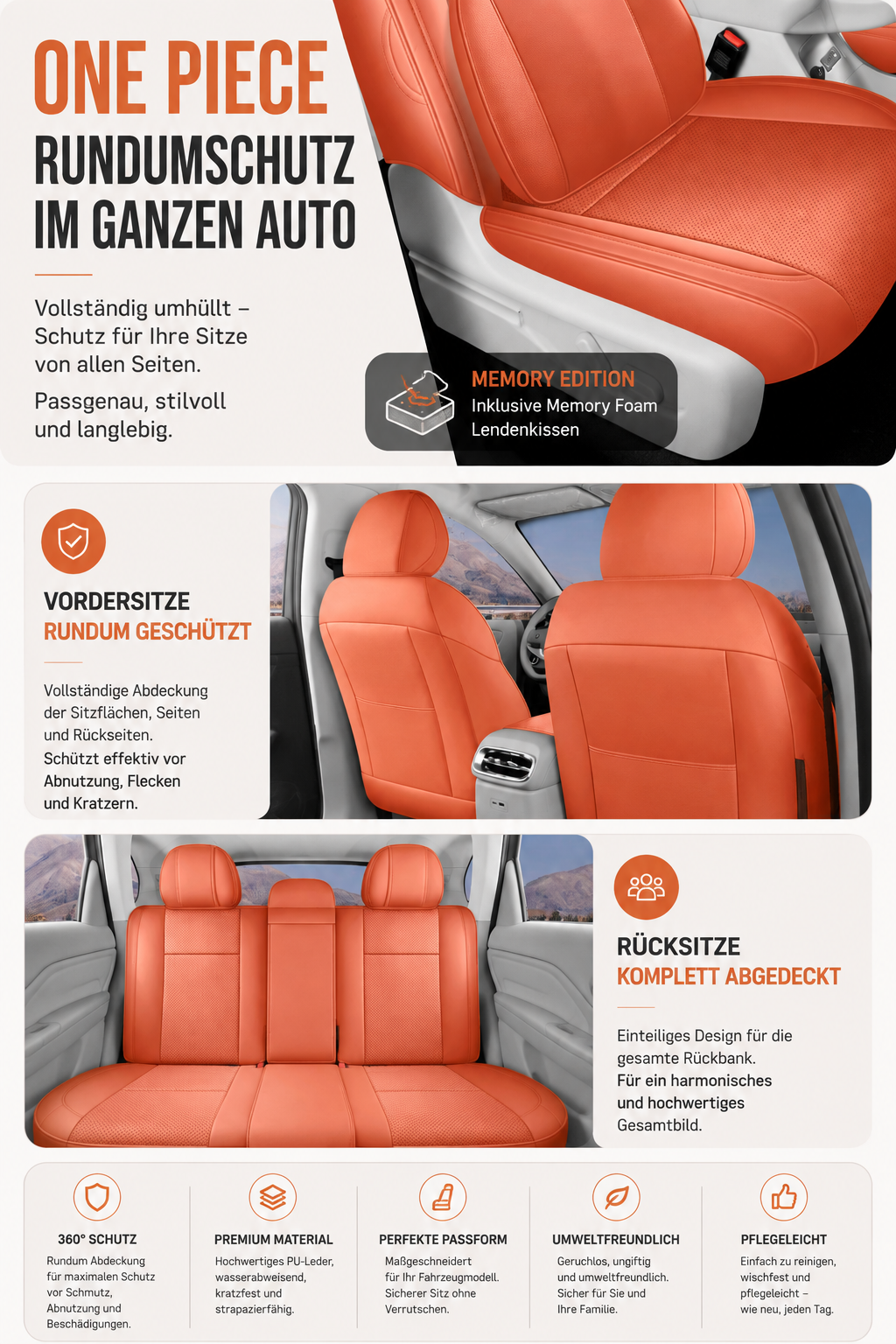 Orange Premium-Sitzbezüge für Vorder- und Rücksitze des Leapmotor C10 – Komplettset