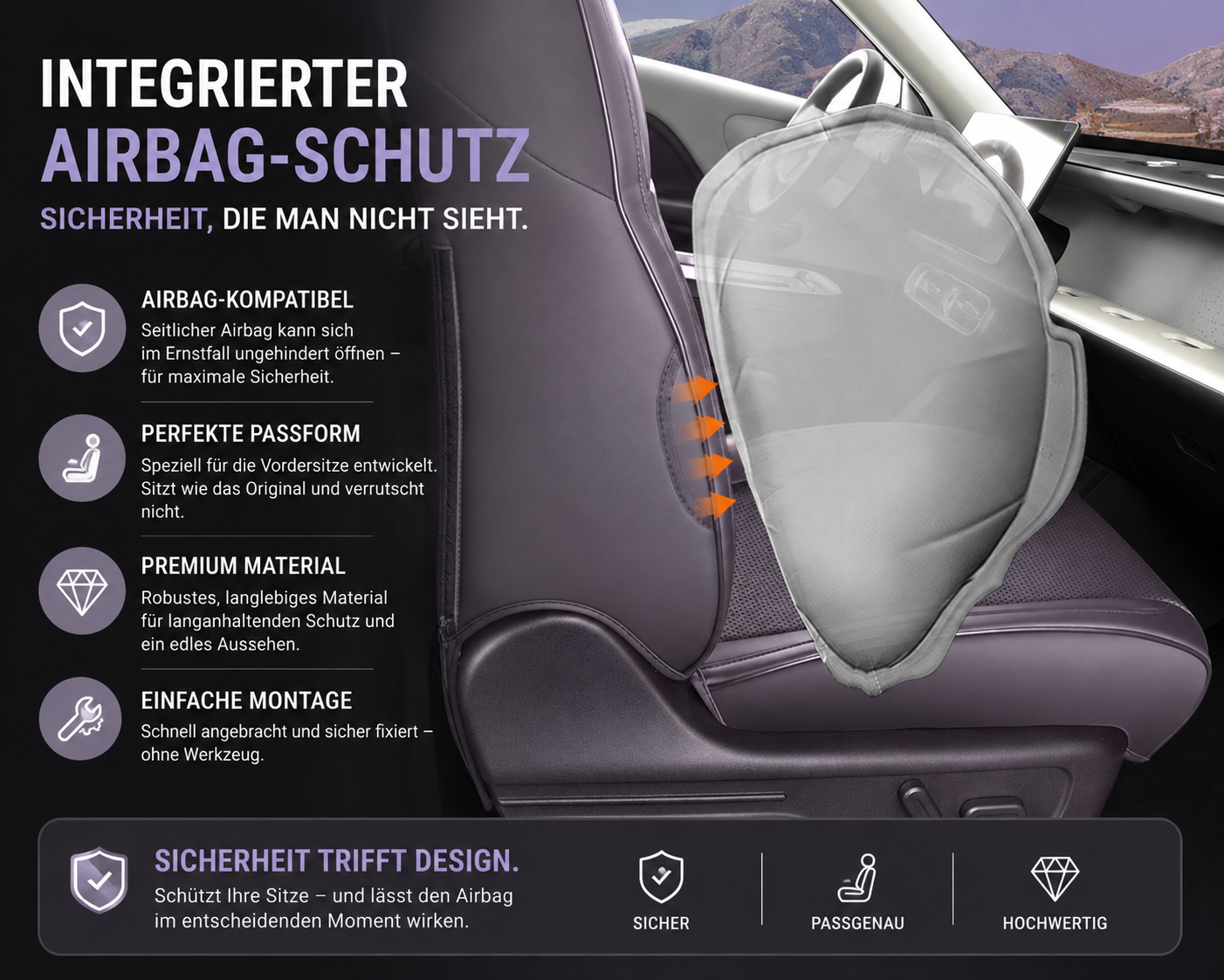 Infografik mit Sicherheits-, Passform- und Montagehinweisen zu den Sitzbezügen für Leapmotor C10