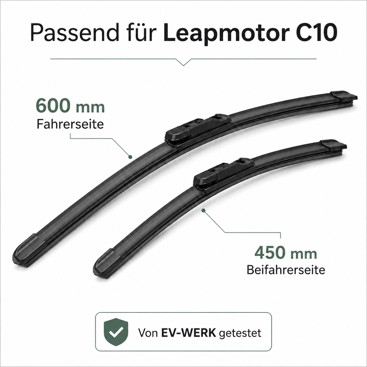 Leapmotor C10 Scheibenwischer – 600 mm Fahrerseite und 450 mm Beifahrerseite