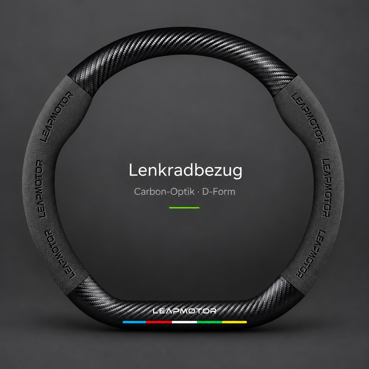 Schwarzer Lenkradbezug in Carbon-Optik für D-förmiges Lenkrad mit Leapmotor-Schriftzug