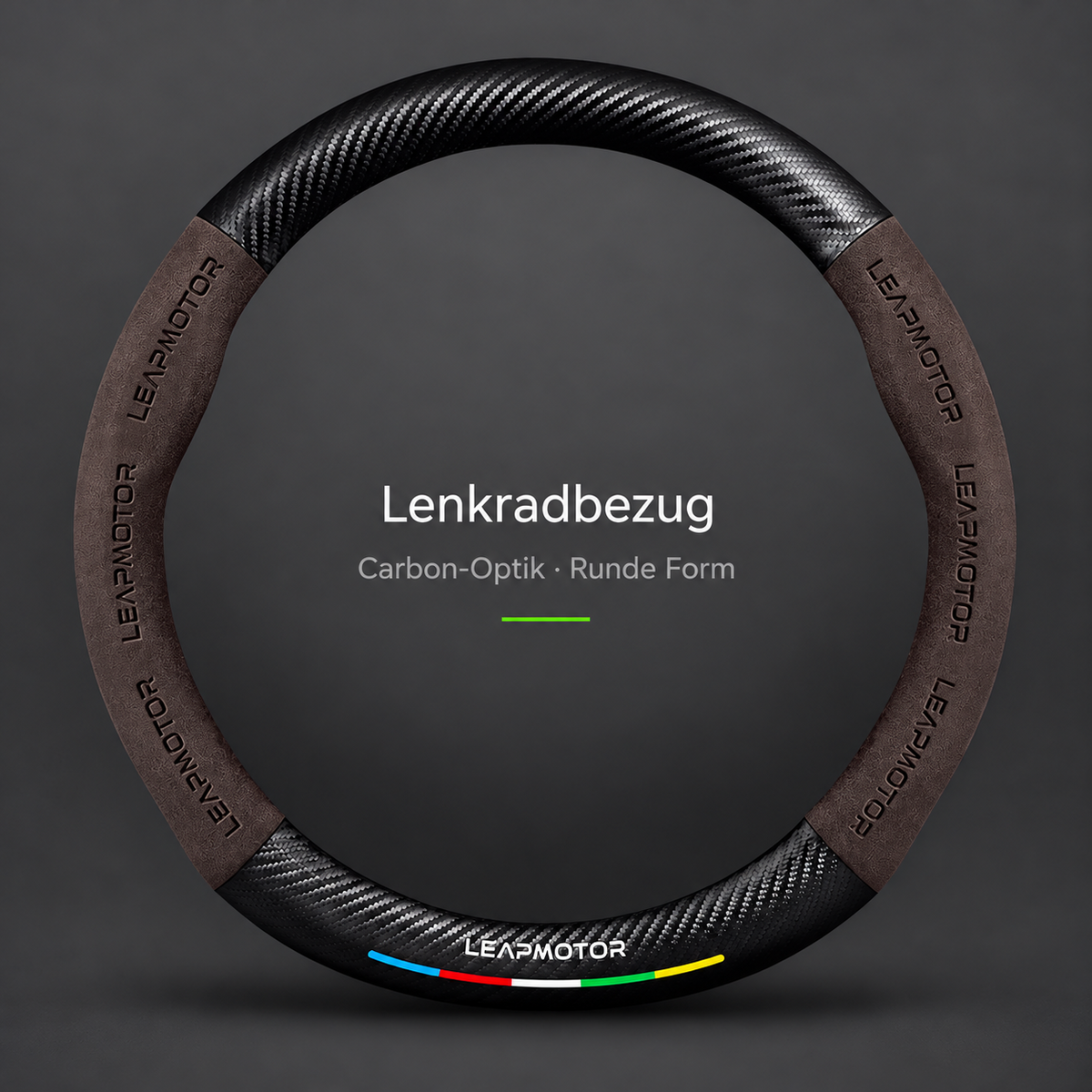 Runder dunkelbrauner Lenkradbezug mit schwarzen Carbon-Optik-Bereichen und Leapmotor-Schriftzug