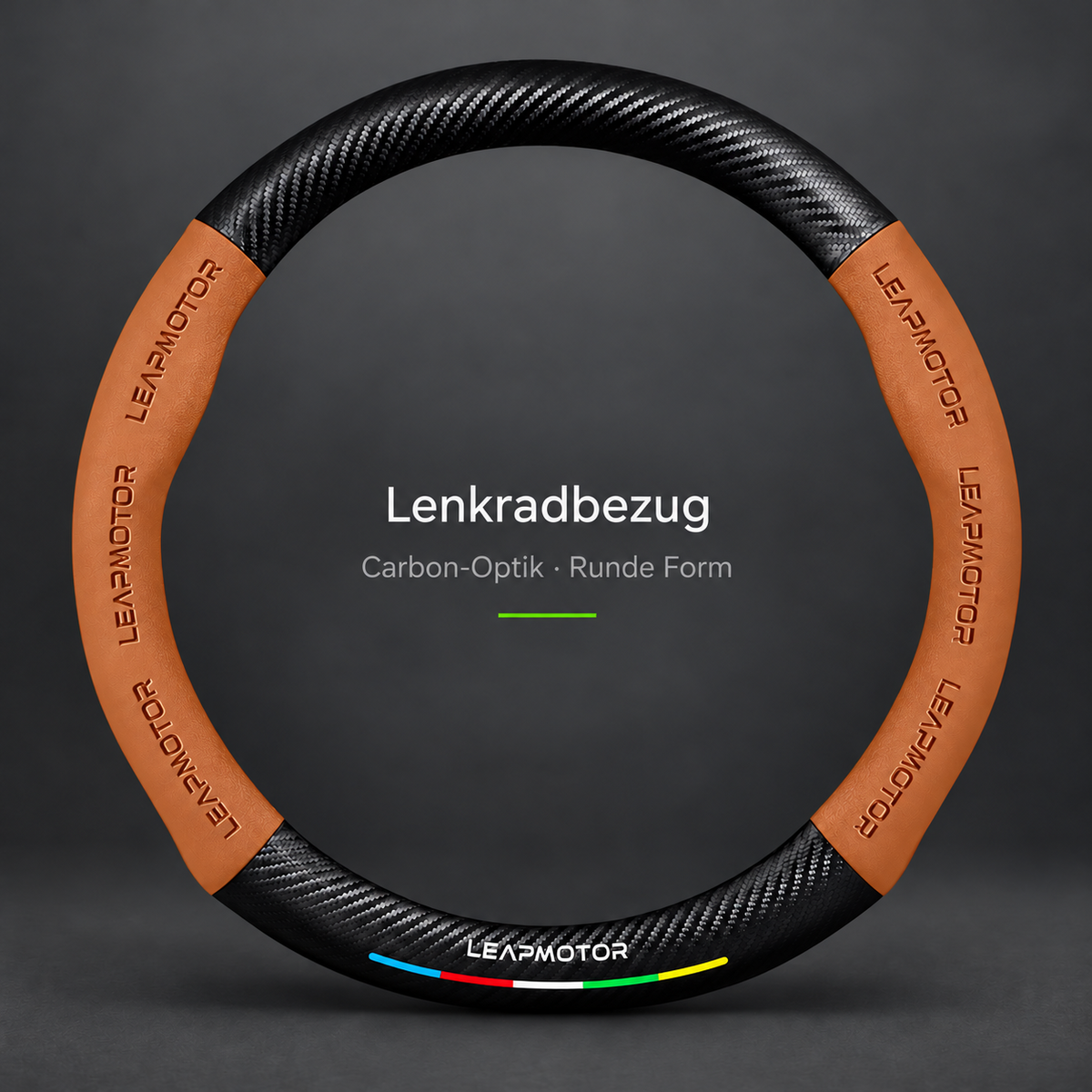 Runder orangebrauner Lenkradbezug mit schwarzen Carbon-Optik-Bereichen und Leapmotor-Schriftzug