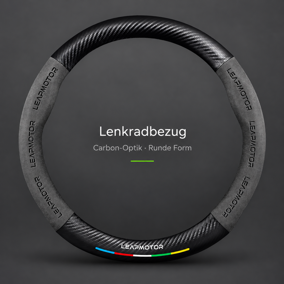 Runder schwarzer Lenkradbezug mit Carbon-Optik und Leapmotor-Schriftzug