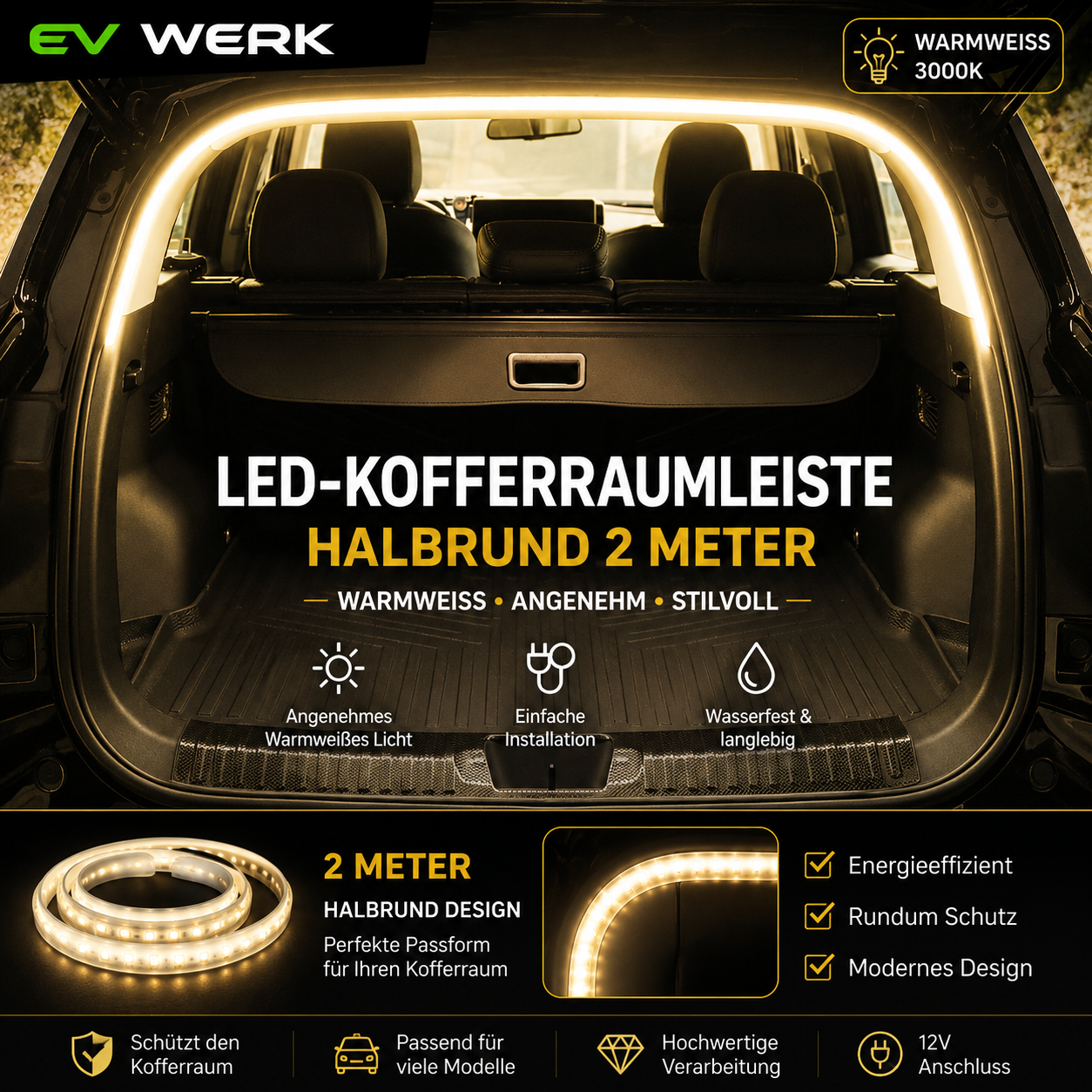 EV-WERK LED-Kofferraumlichtband Halbrund in Warmweiß 3000 K