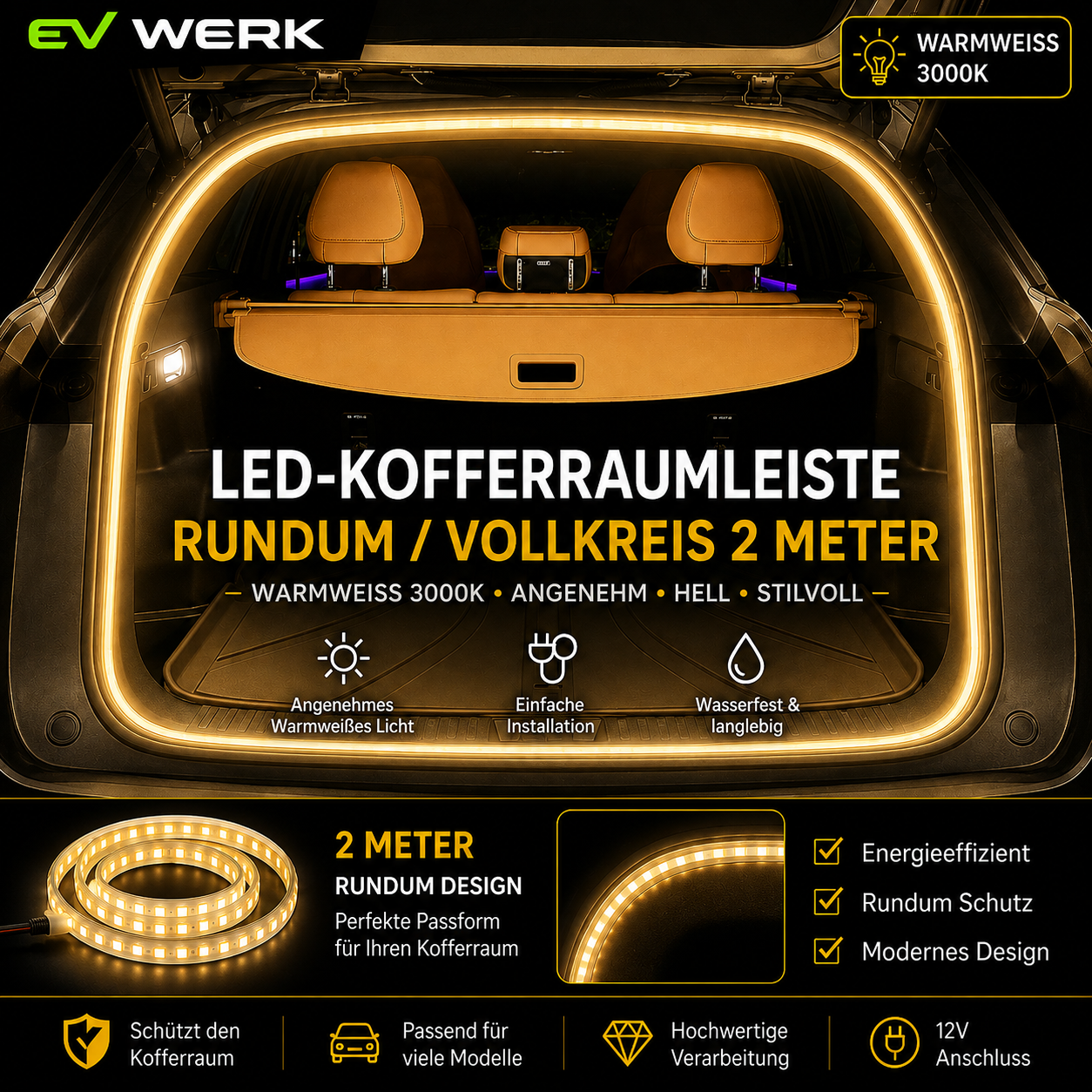 EV-WERK LED-Kofferraumlichtband Rundum Vollkreis in Warmweiß 3000 K