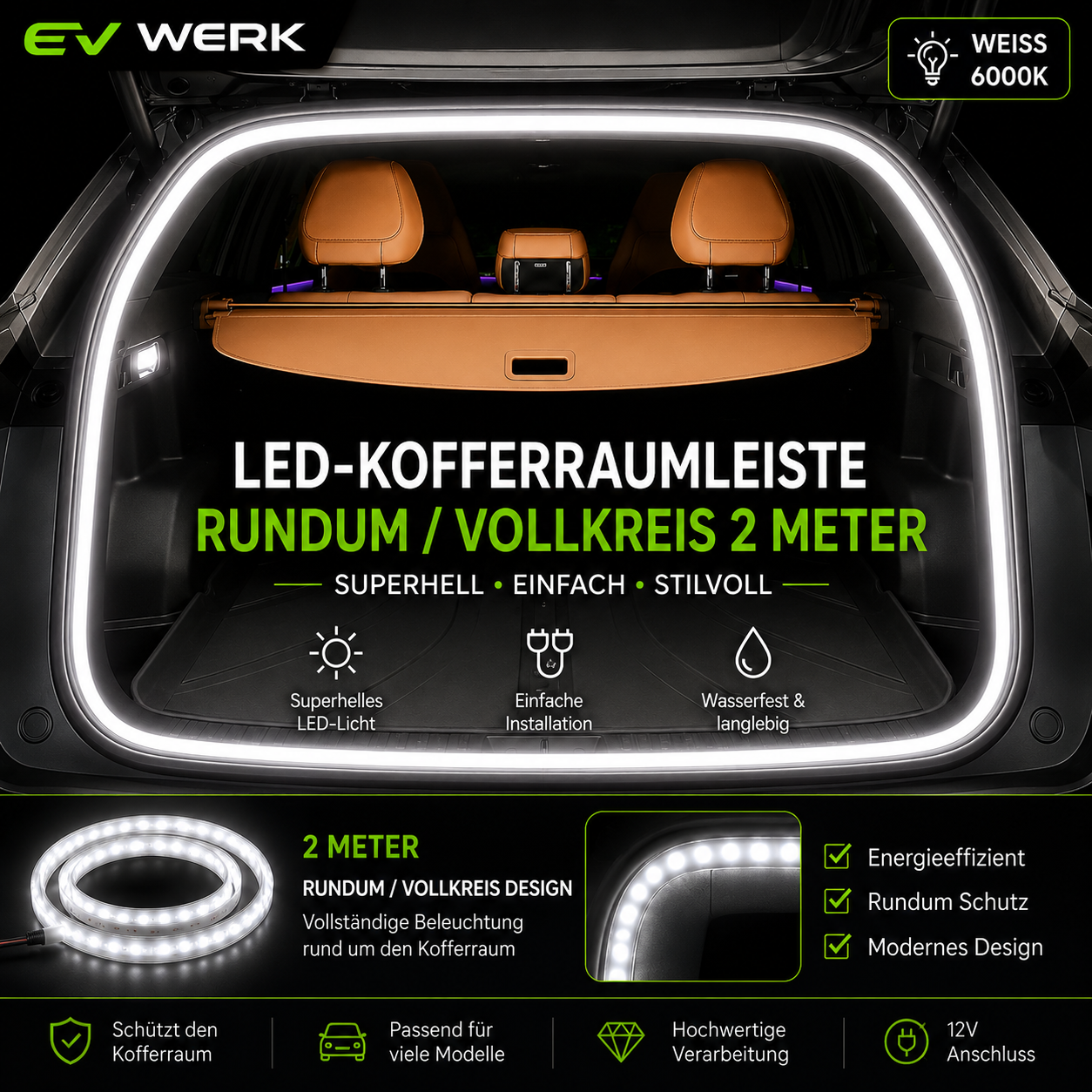 EV-WERK LED-Kofferraumlichtband Rundum Vollkreis in Weiß 6000 K