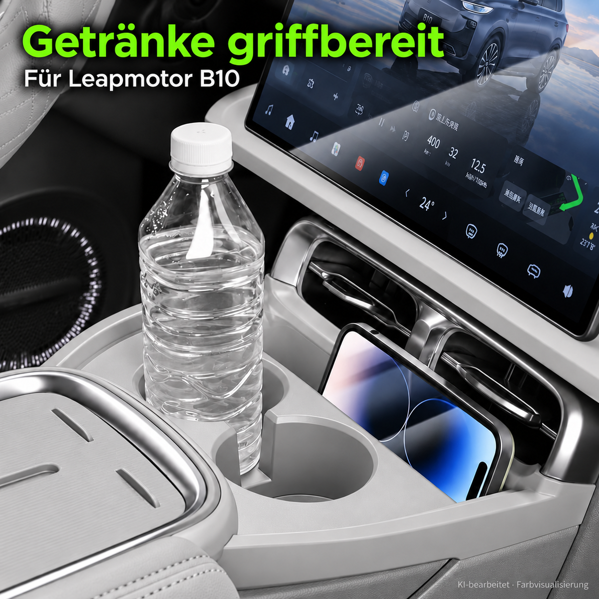 Getränkehalter in Bambusgrau im Leapmotor B10 mit Wasserflasche und Smartphone – KI-bearbeitete Farbvisualisierung