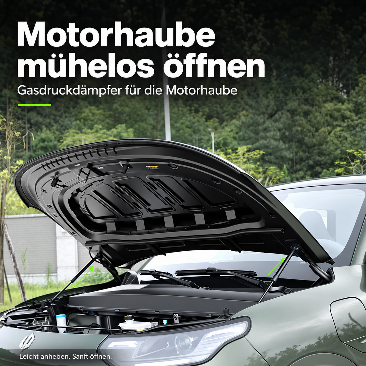 Leapmotor B03X mit geöffneter Motorhaube und zwei eingebauten Gasdruckdämpfern