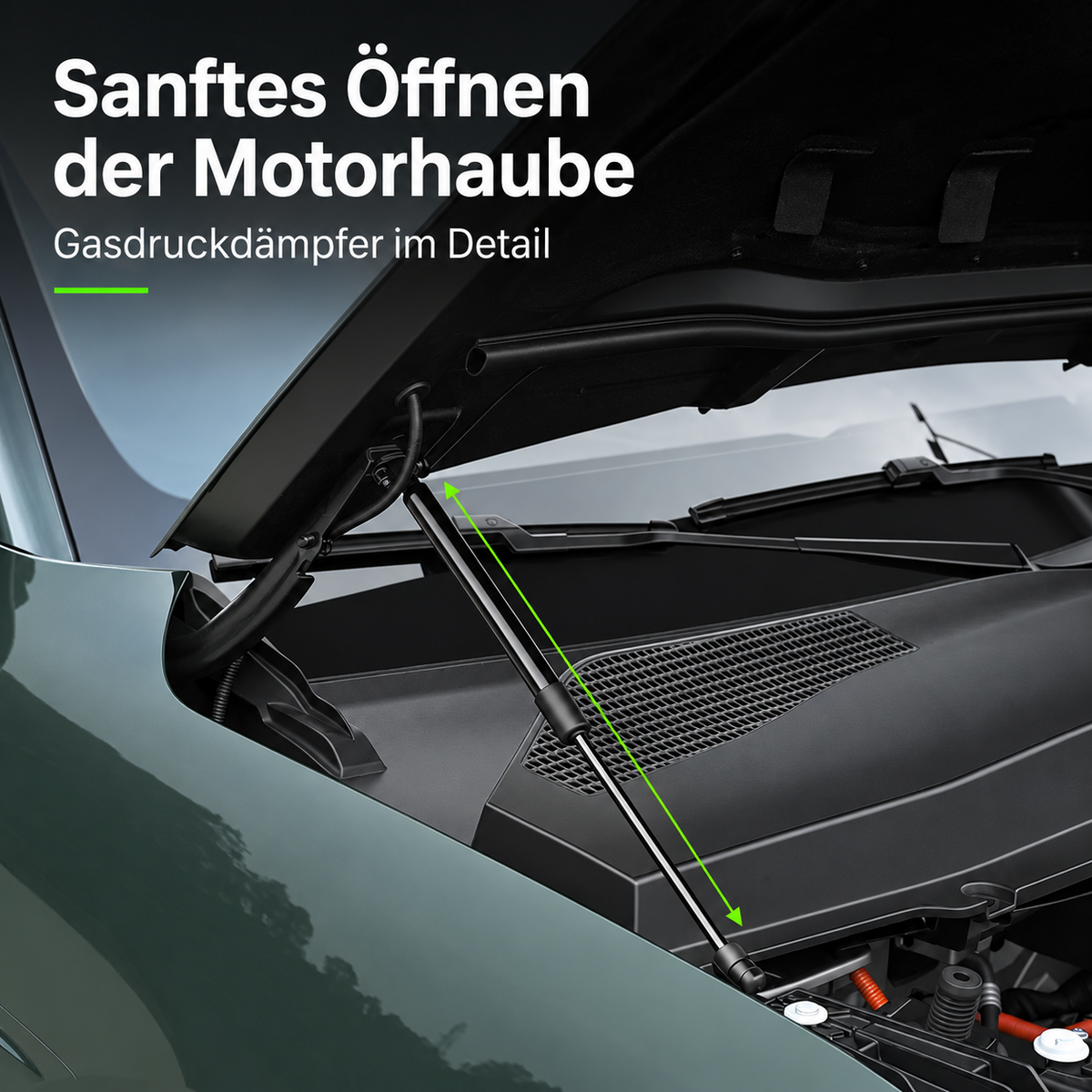 Nahaufnahme eines eingebauten Gasdruckdämpfers an der Motorhaube des Leapmotor B03X