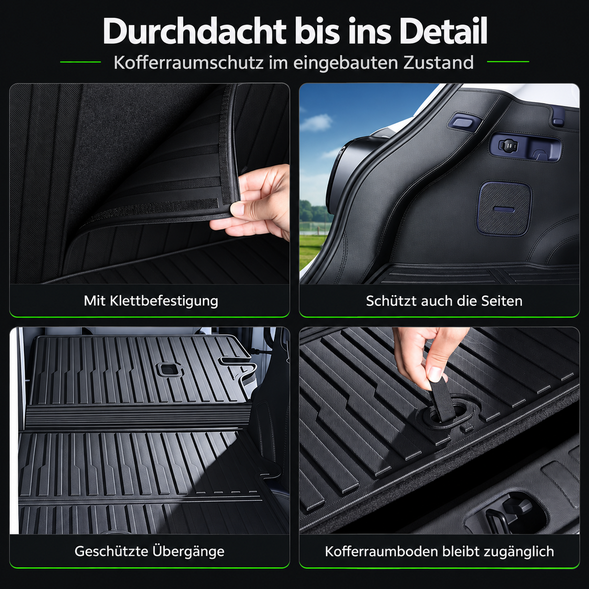 Details zum Leapmotor B03X Kofferraumschutz: Klettbefestigung, Seitenabdeckung, Übergänge und Zugang zum Kofferraumboden