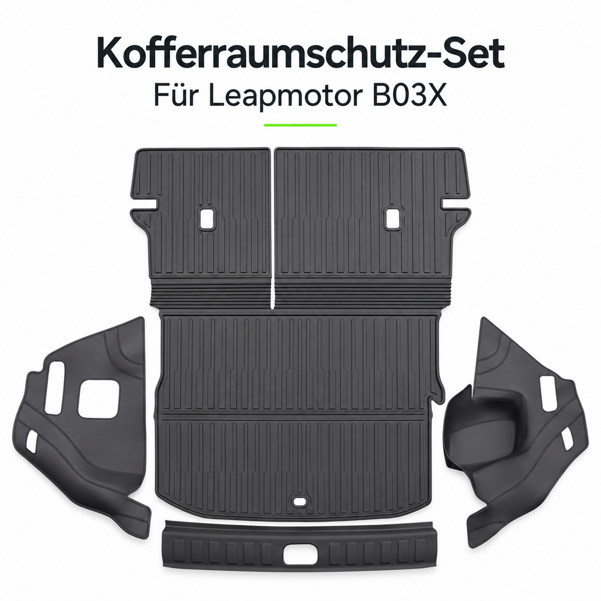 Leapmotor B03X Kofferraumschutz Set in Dunkelgrau mit Bodenmatte, Rückenlehnenabdeckungen, Seitenteilen und Ladekantenschutz