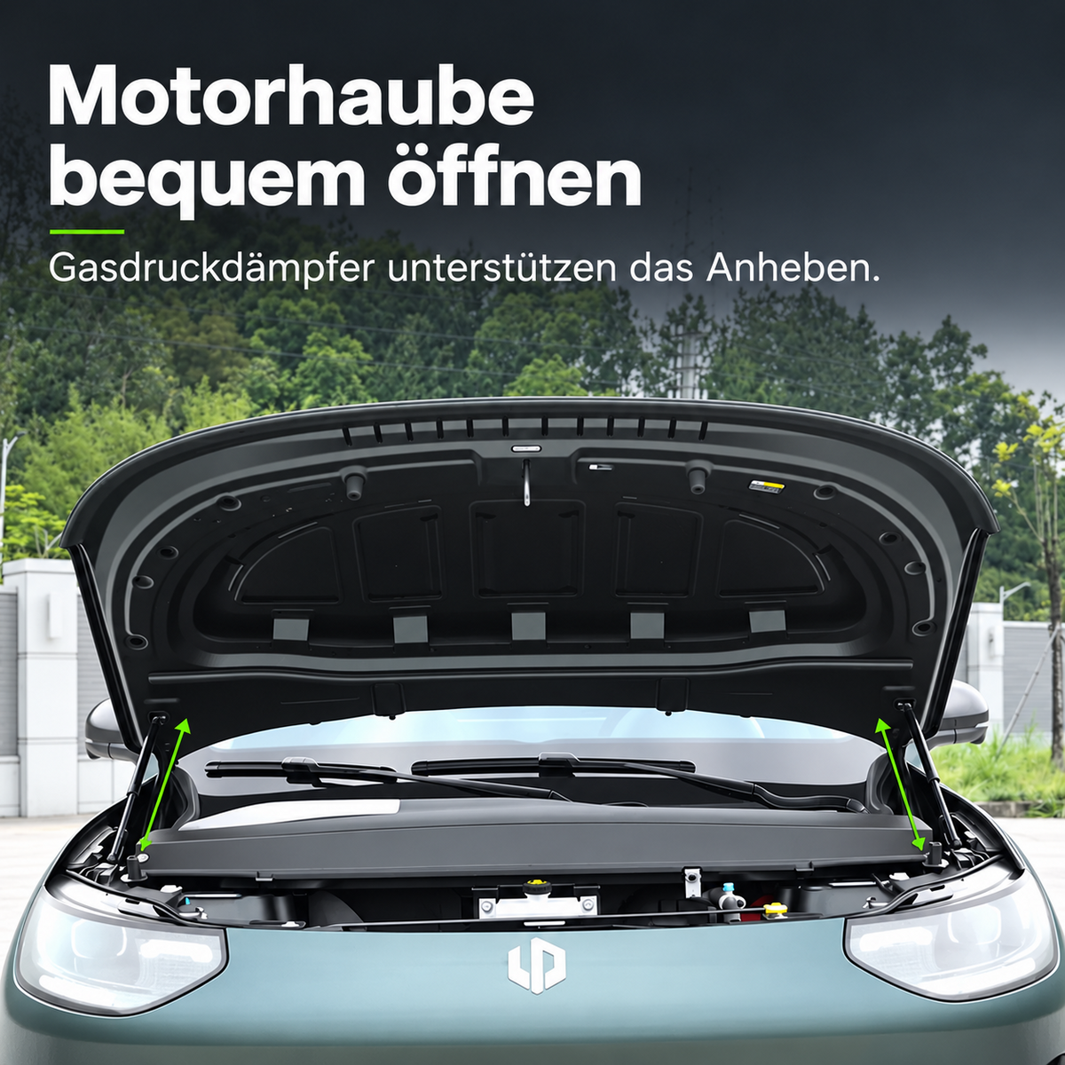 Vorderansicht des Leapmotor B03X mit geöffneter Motorhaube und zwei Gasdruckfedern
