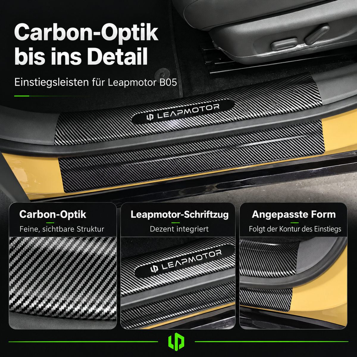 Nahansicht der ABS-Einstiegsleisten in Carbon-Optik mit Leapmotor-Schriftzug am B05