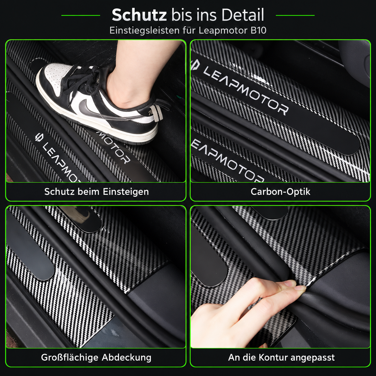 Detailansichten der ABS-Einstiegsleisten für Leapmotor B10 mit Carbon-Optik und Schutz am Türeinstieg