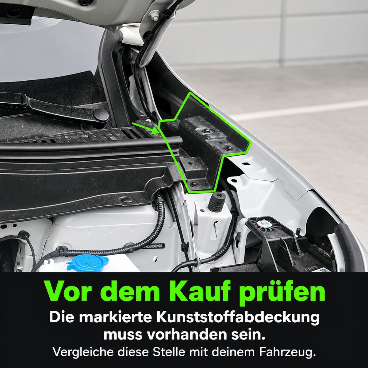 Markierte Kunststoffabdeckung im Motorraum des Leapmotor B10 als Voraussetzung für die Gasdruckdämpfer-Montage