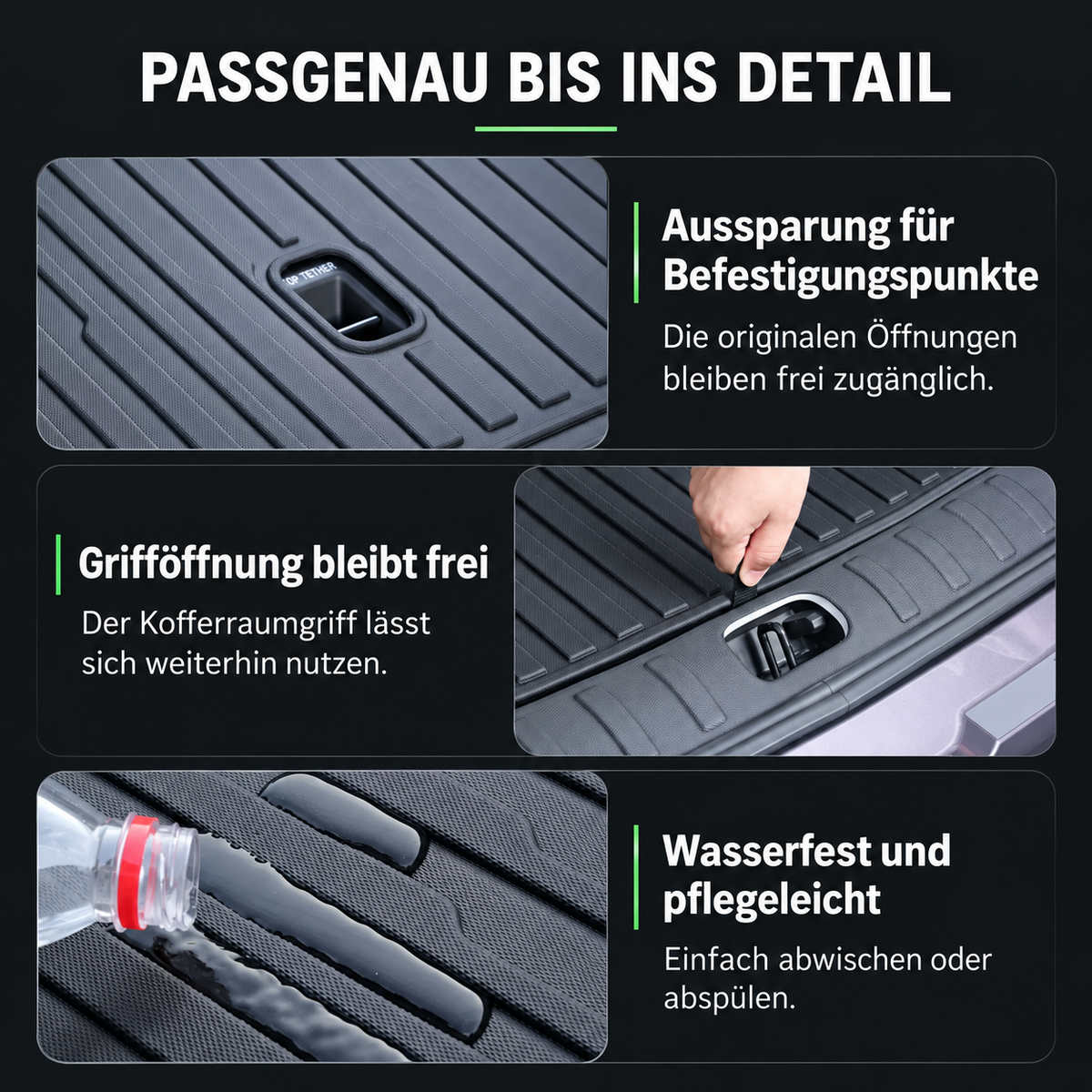 Detailansichten der B10 Kofferraummatte mit Aussparung für Befestigungspunkt, freier Grifföffnung und abwischbarer Oberfläche
