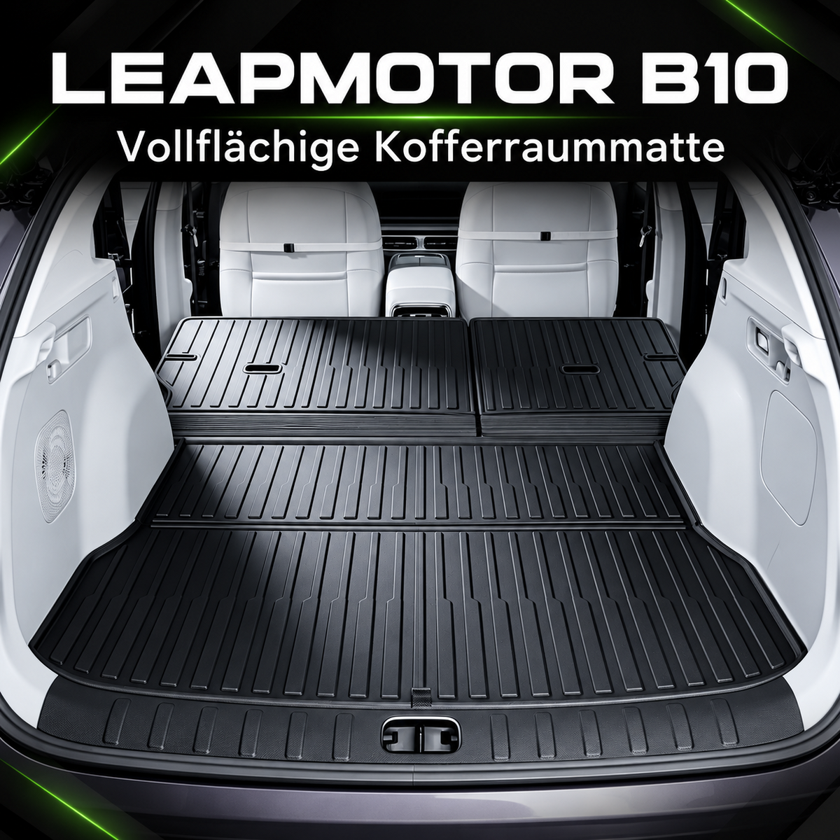 Vollflächige schwarze Kofferraummatte im Leapmotor B10 mit Schutz der Rücksitzlehnen und separatem Ladekantenschutz