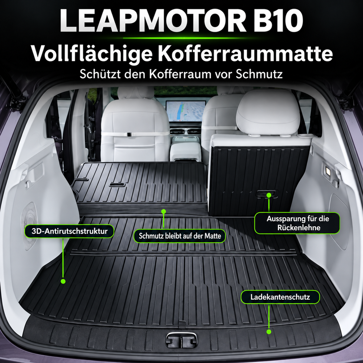 Schwarze gerippte Kofferraummatte im Leapmotor B10 bei umgeklappten Rücksitzen, mit Ladekantenschutz