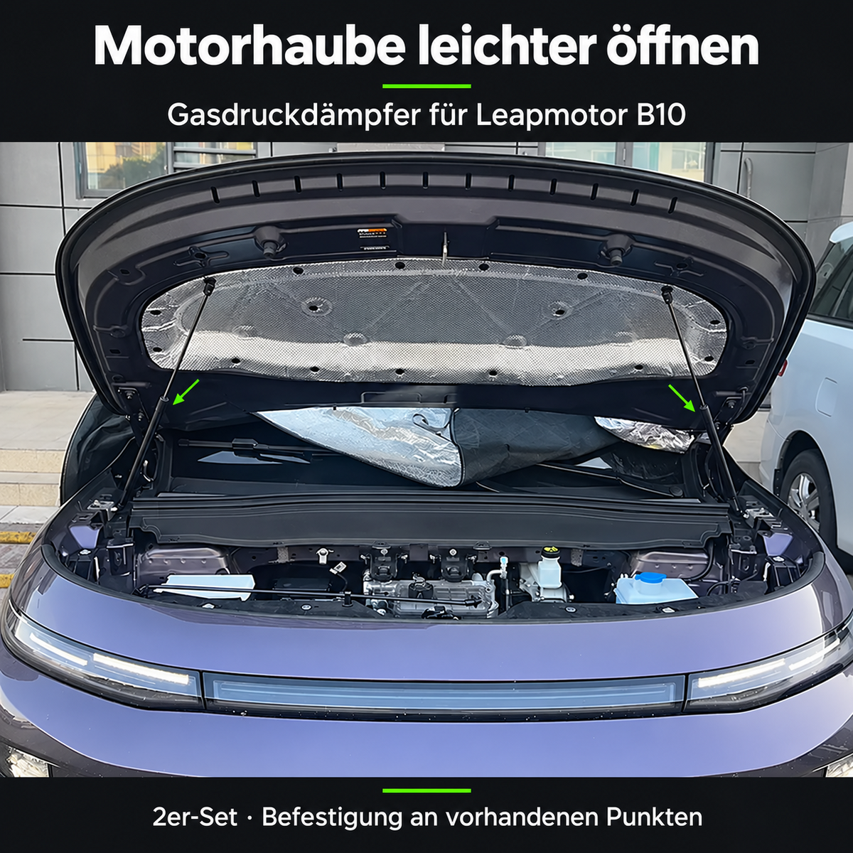 Geöffnete Motorhaube des Leapmotor B10 mit zwei beidseitig eingebauten Gasdruckdämpfern