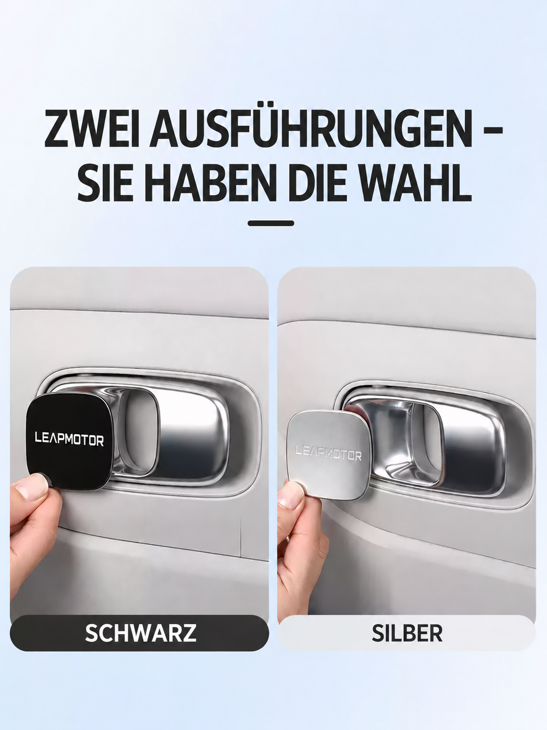 Farbvergleich der Türgriffblenden für Leapmotor B10: Schwarz links und Silber rechts