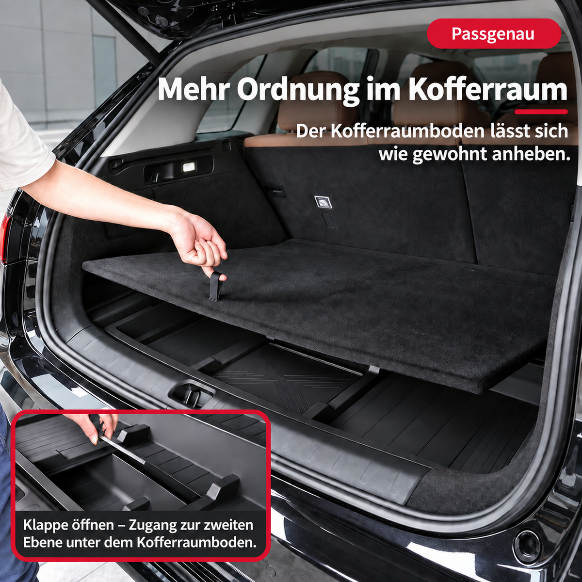 Angehobener Kofferraumboden im Leapmotor C10 zeigt den Zugang zum Organizer in der zweiten Kofferraumebene