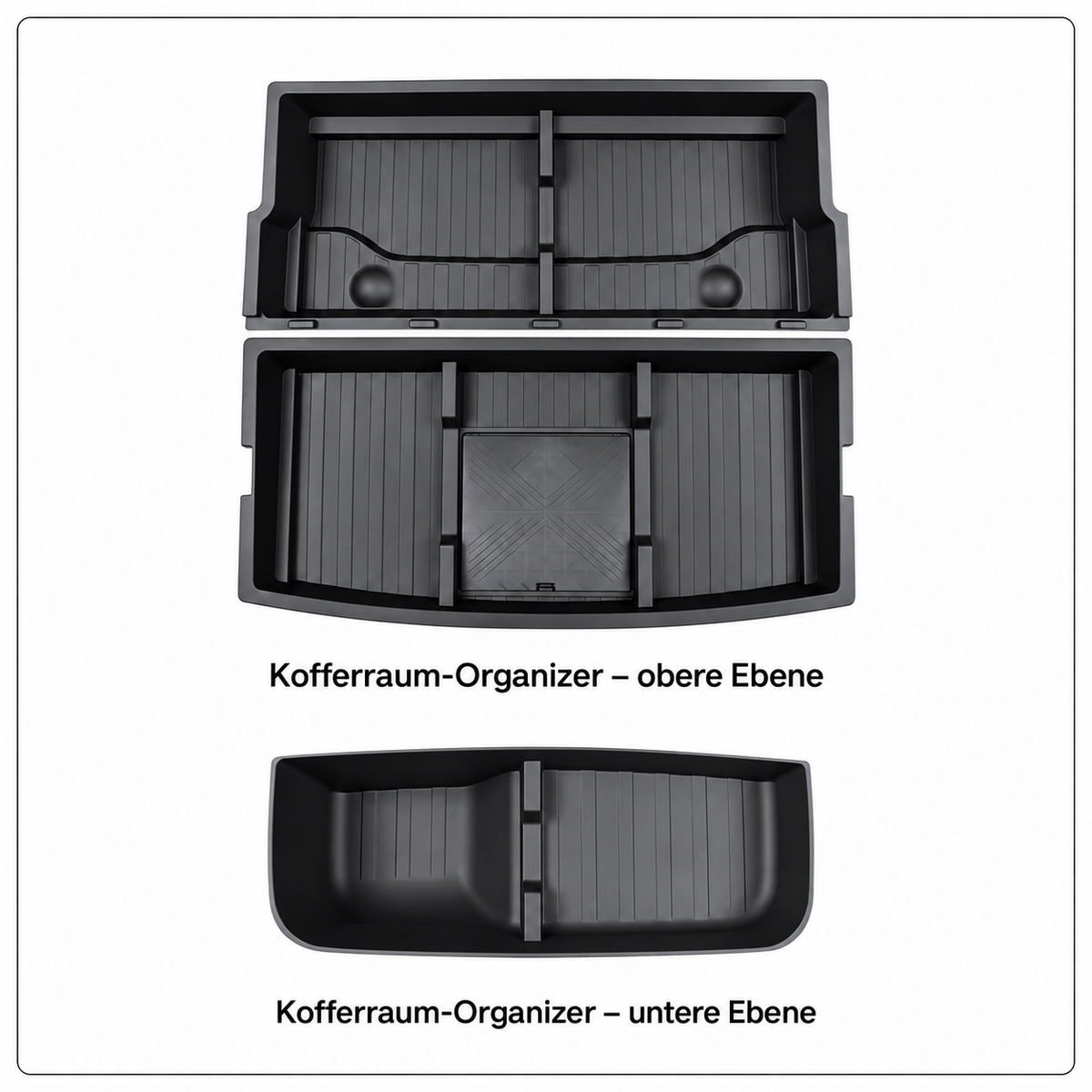 Drei schwarze Organizer-Teile für den Leapmotor C10: zwei Ablagen für die obere Kofferraumebene und eine Wanne für die untere Ebene
