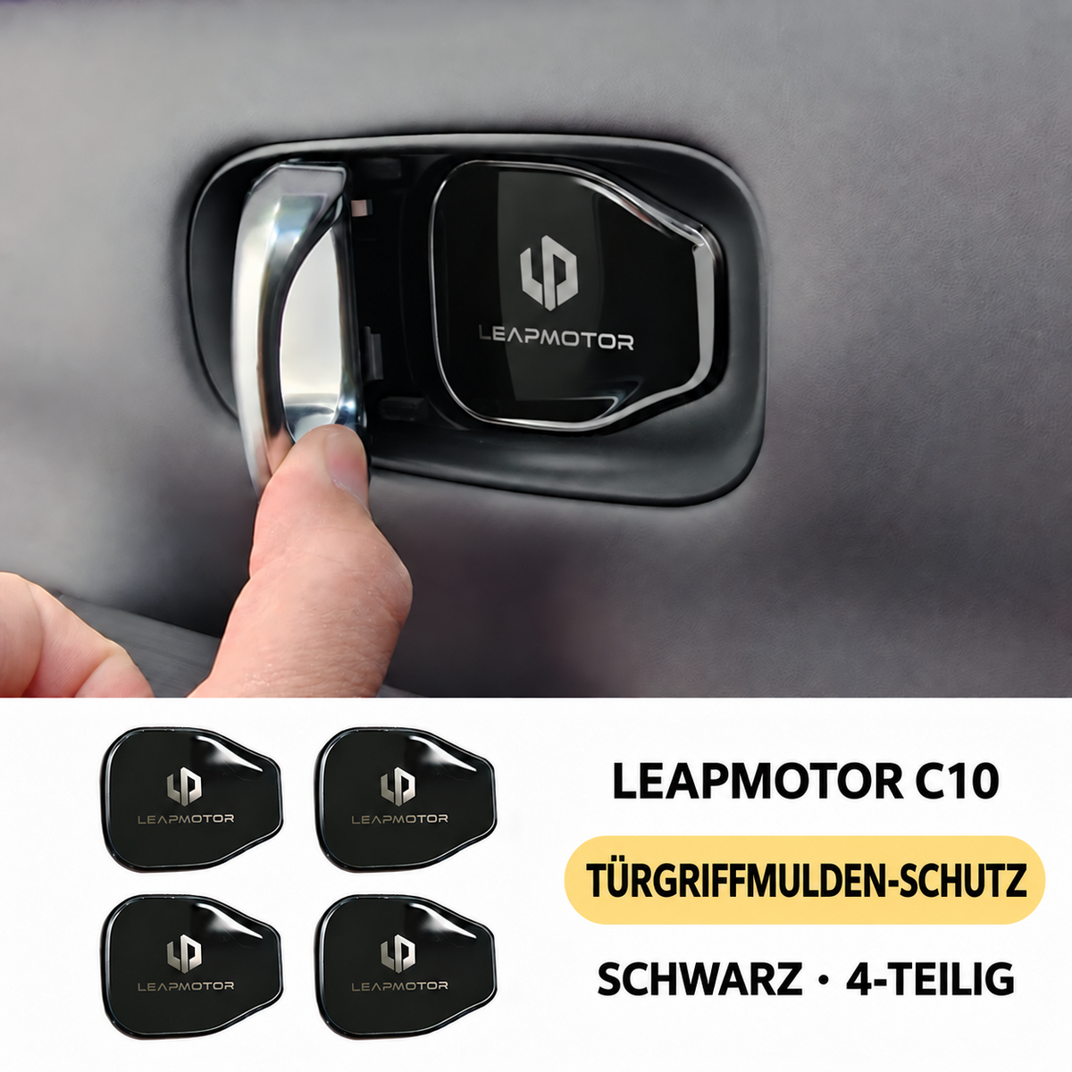 Vier schwarze Türgriffmulden-Abdeckungen für den Leapmotor C10 und Einbauansicht