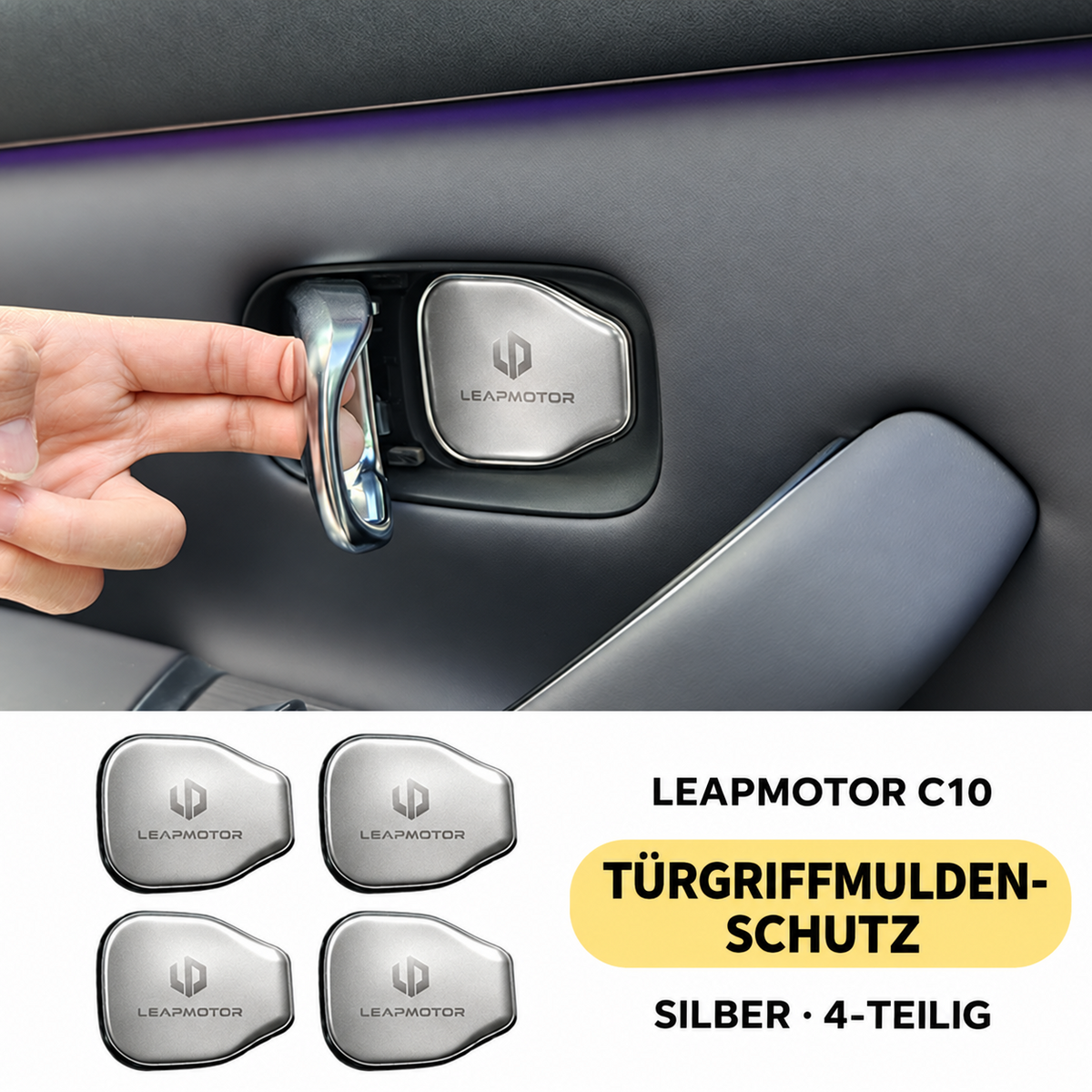 Vier silberne Türgriffmulden-Abdeckungen für den Leapmotor C10 und Einbauansicht