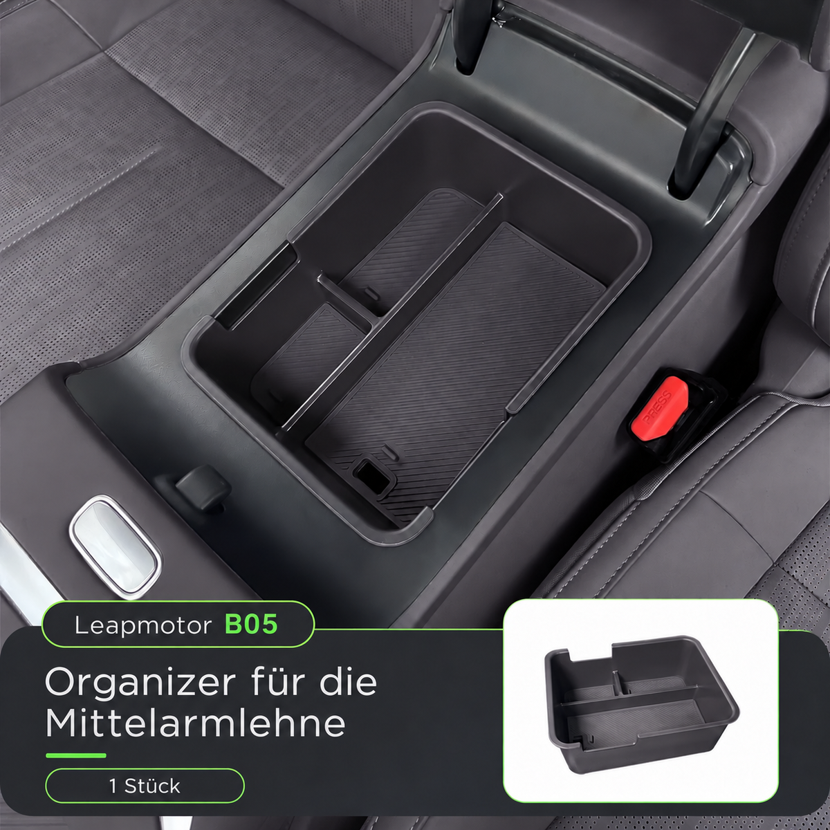Anthrazitgrauer Mittelarmlehnen-Organizer für Leapmotor B05 als Montagebeispiel