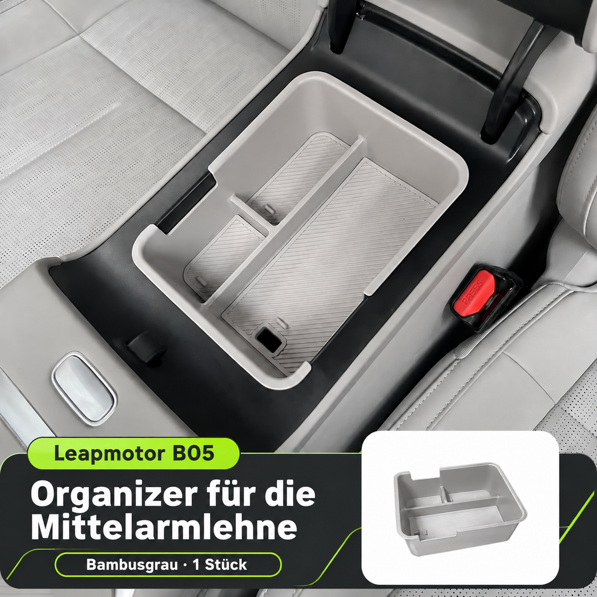 Bambusgrauer Mittelarmlehnen-Organizer für Leapmotor B05 als Montagebeispiel mit drei Ablagebereichen